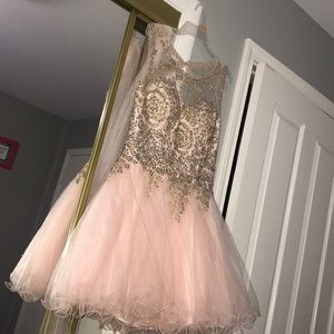 Champagne pink poofy bedazzled dress , laced back